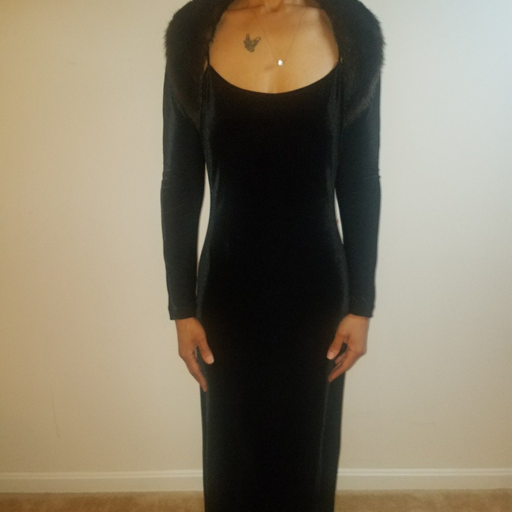 Cachet Black velvet gown & crop jacket& clutch